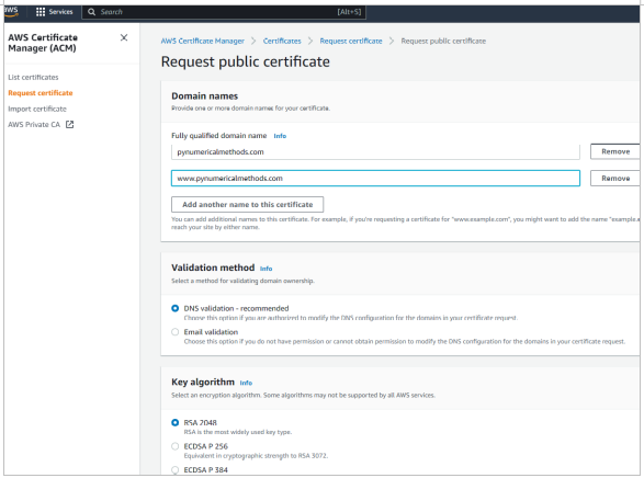 Screenshot of console Request for Public Certificate.